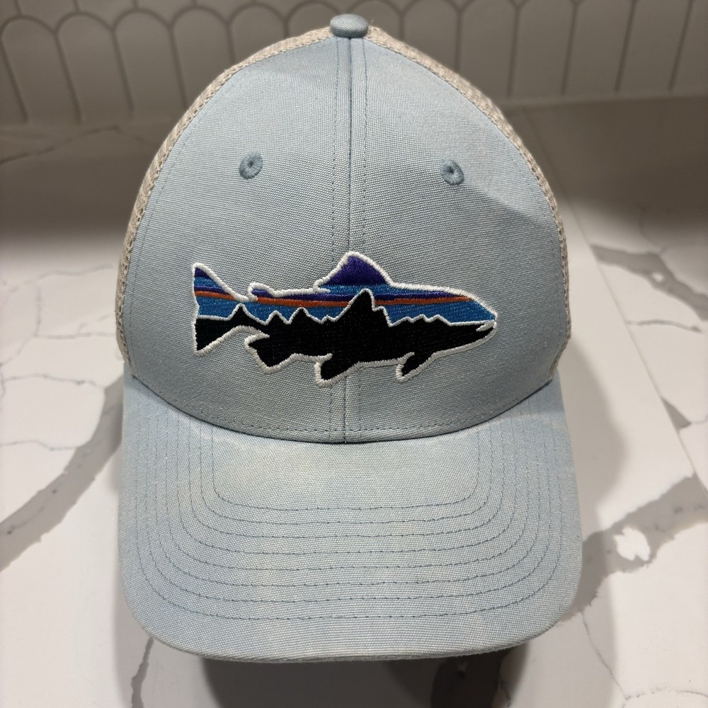 Patagonia Fitz Roy Trout Trucker Hat Light Blue White Mesh SnapBack Faded OSFA